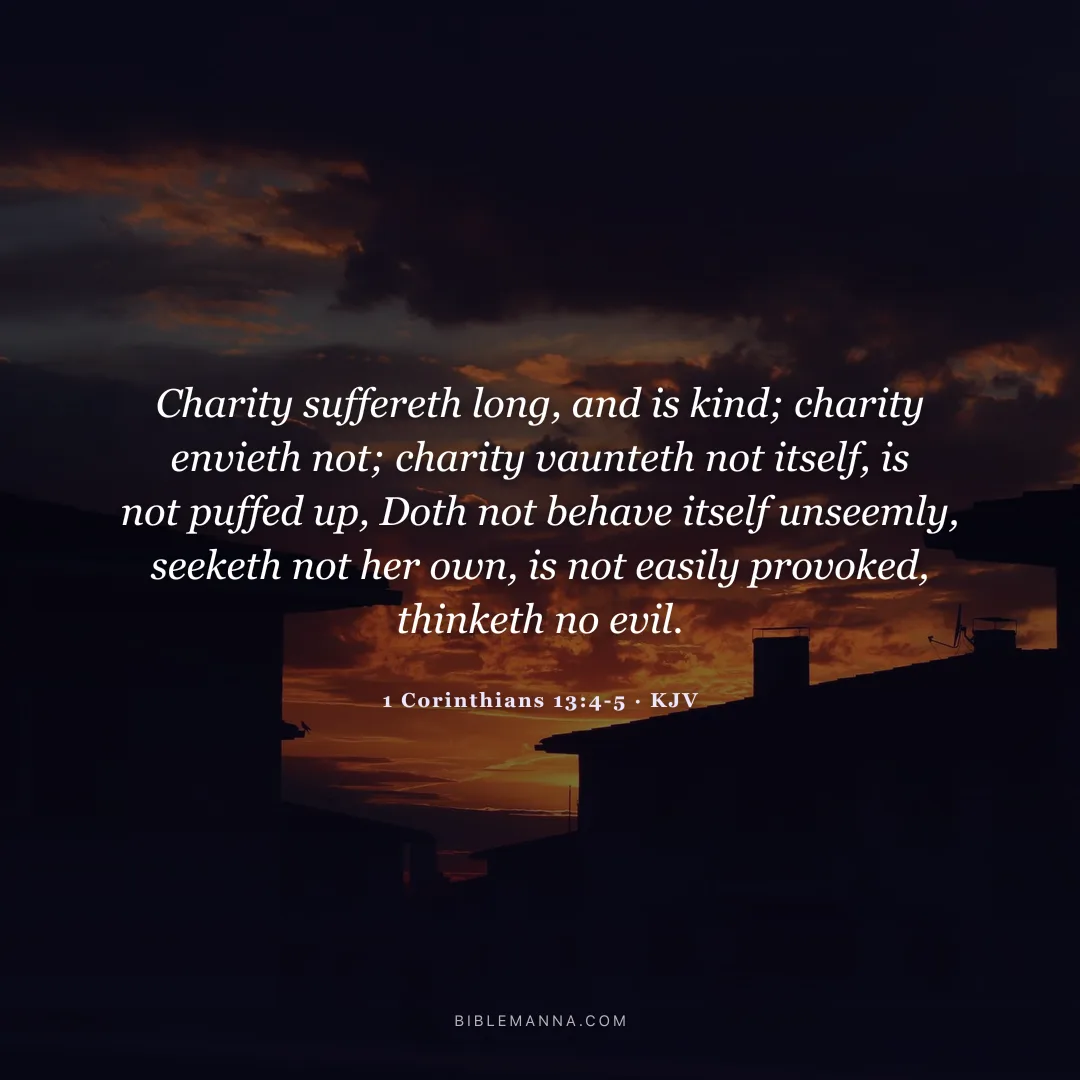 "Charity suffereth long, and is kind; charity envieth not; charity vaunteth not itself, is not puffed up, Doth not behave itself unseemly, seeketh not her own, is not easily provoked, thinketh no evil." - 1 Corinthians 13:4-5 (KJV)