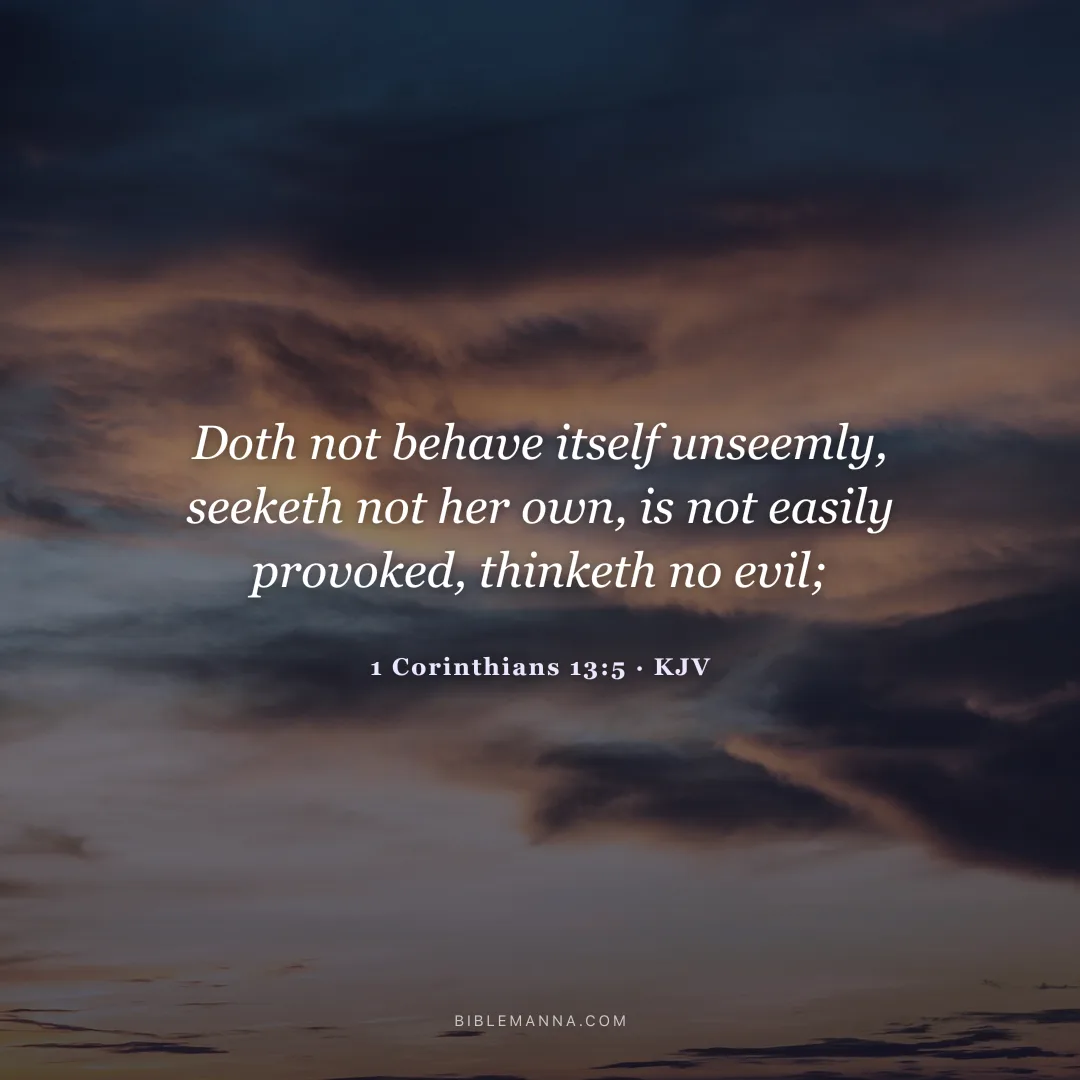 "Doth not behave itself unseemly, seeketh not her own, is not easily provoked, thinketh no evil;" - 1 Corinthians 13:5 (KJV)