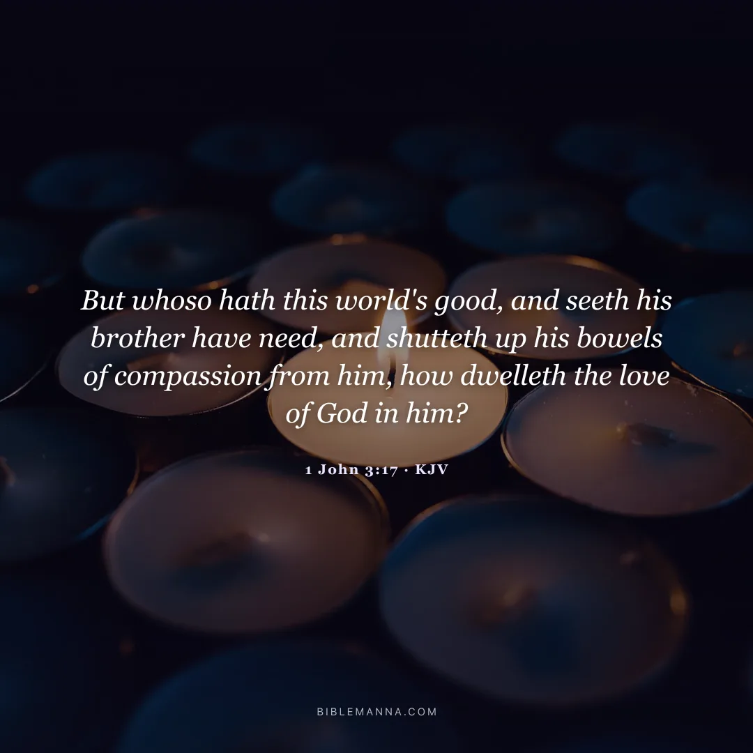 "But whoso hath this world's good, and seeth his brother have need, and shutteth up his bowels of compassion from him, how dwelleth the love of God in him?" - 1 John 3:17 (KJV)