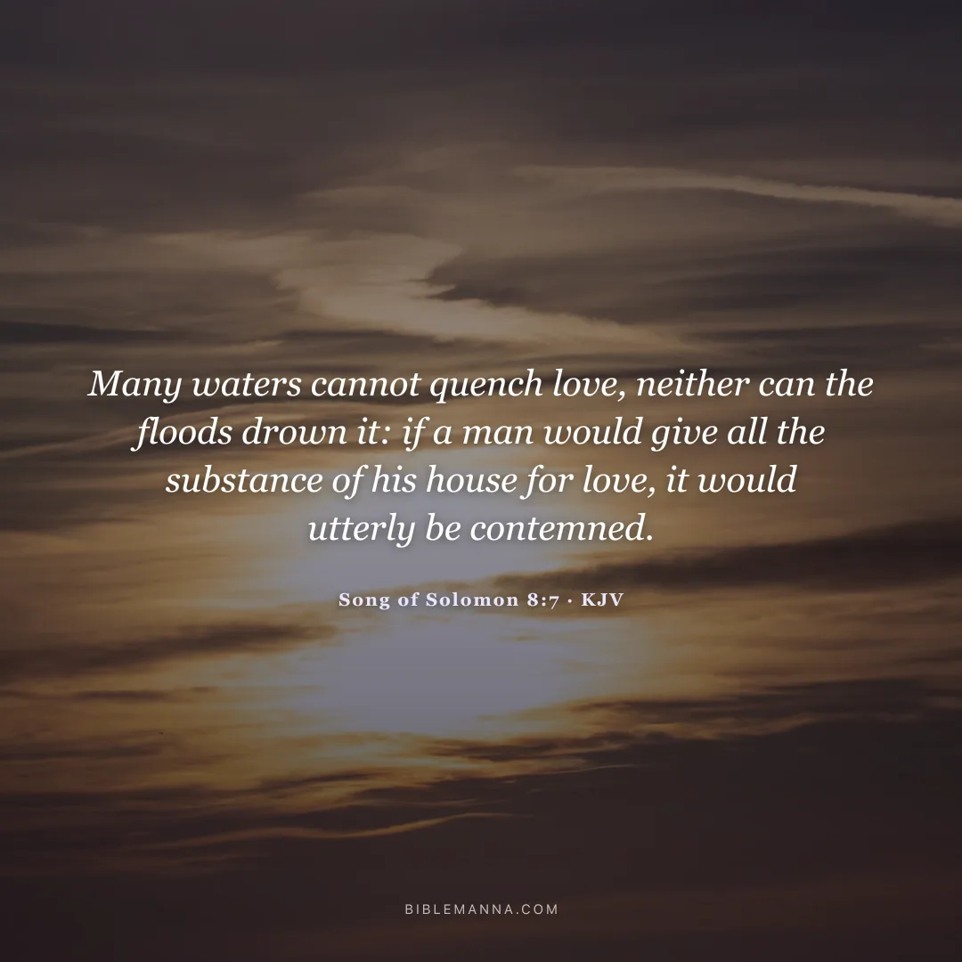"Many waters cannot quench love, neither can the floods drown it: if a man would give all the substance of his house for love, it would utterly be contemned." - Song of Solomon 8:7 (KJV)